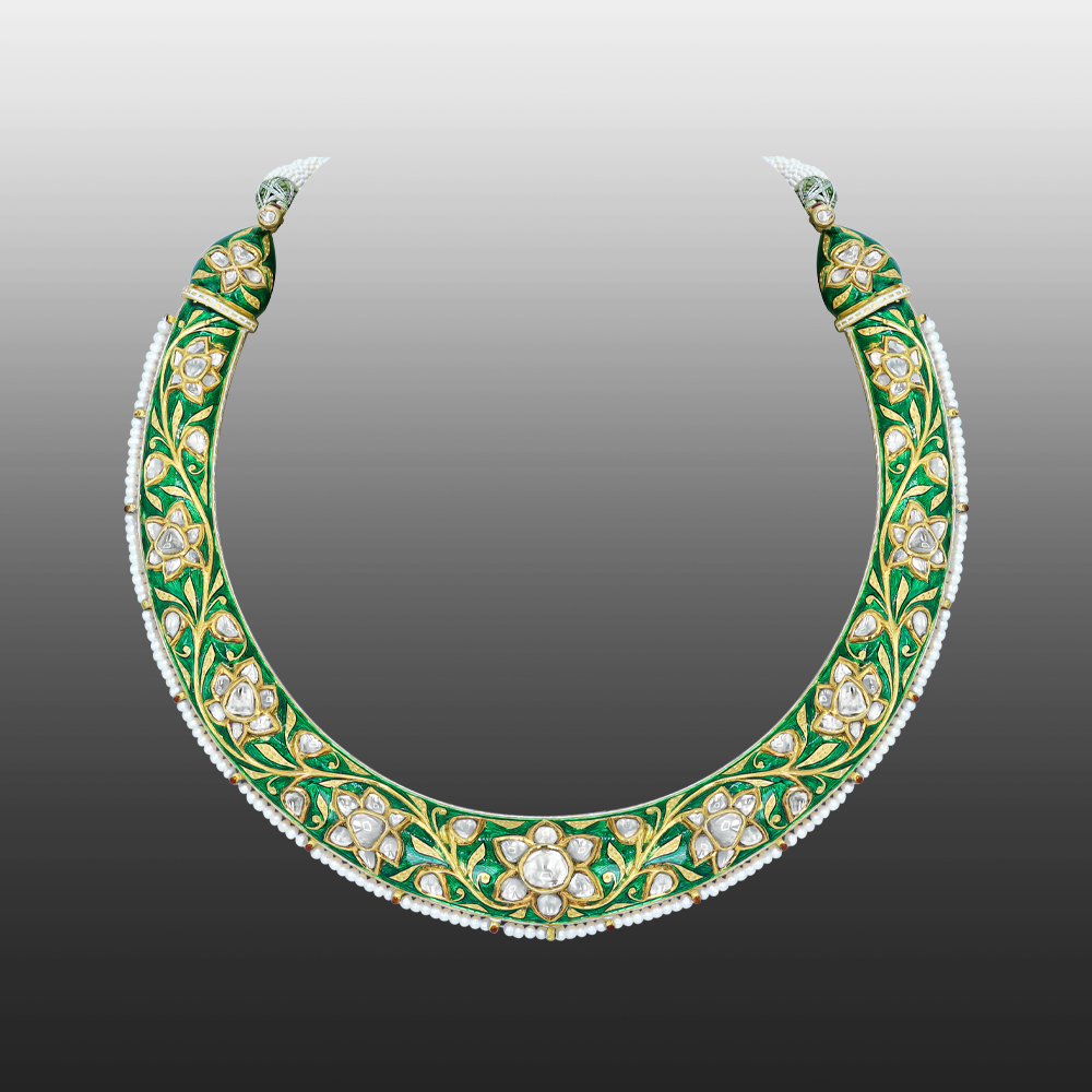 Green Enamel Hasli with Polki Diamonds and Pearl Accents